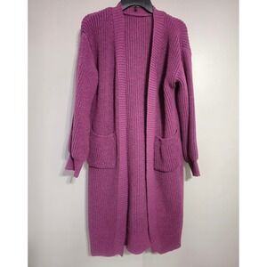 Longline Open Front Chunky Knit Cardigan Purple Pockets Oversized Cozy EUC